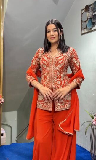 JF 013 ORANGE GEORGETTE TOP PLAZZO & DUPATTA ONLINEJF 013 ORANGE GEORGETTE TOP PLAZZO & DUPATTA ONLINE