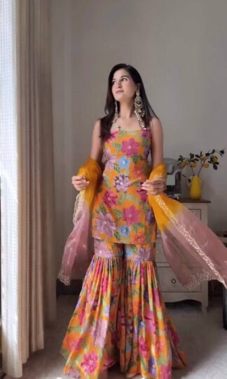 HK 1726 ORANGE WHOLESALE SHARARA SUITSHK 1726 ORANGE WHOLESALE SHARARA SUITS