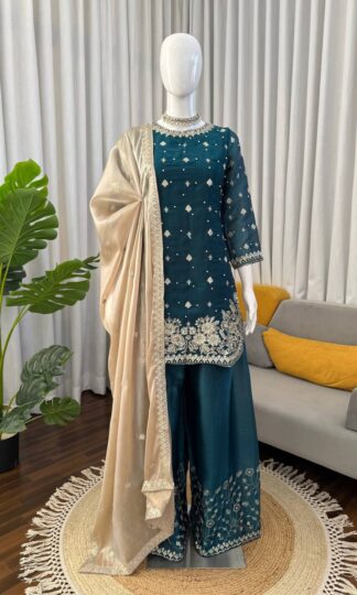 KD 1549 PEACOCK BLUE TOP PLAZZO WITH DUPATTA WHOLESALEKD 1549 PEACOCK BLUE TOP PLAZZO WITH DUPATTA WHOLESALE