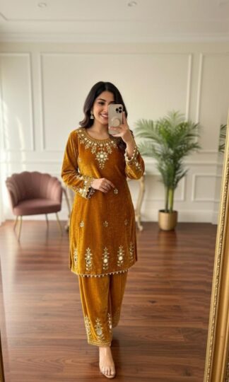 BE 323 MUSTED YELLOW VELVET MIRROR WORK DESIGNER CO-ORD SETBE 323 MUSTED YELLOW VELVET MIRROR WORK DESIGNER CO-ORD SET