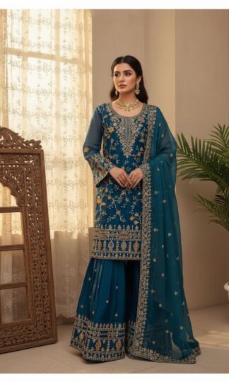 BE 447 PEACOCK BLUE DESIGNER TOP WITH SHARARABE 447 PEACOCK BLUE DESIGNER TOP WITH SHARARA