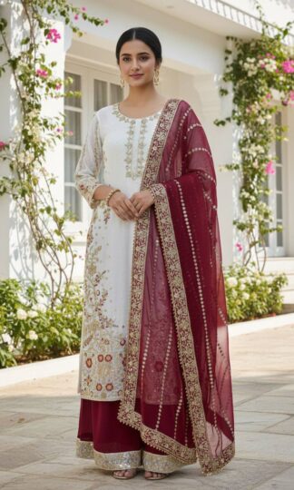DHK 1328 WHITE PAKISTANI TOP WITH PLAZZO SETDHK 1328 BLACKTOP PALZZO DUPATTA SET ONLINE