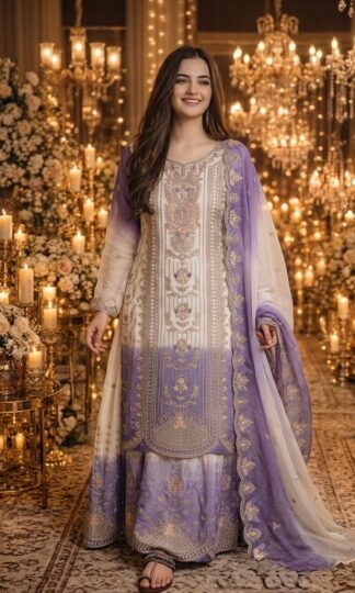 PD 1153 TOP PALAZZO DUPATTA SET WHOLESALE SURATPD 1153 Designer Top Palazzo Dupatta Set White Lavender Star Georgette M to XXL