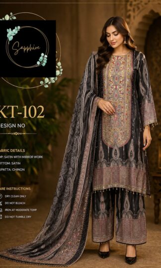 SAPPHIRE KT 102 READYMADE PAKISTANI SUITS WHOLESALE SURATSAPPHIRE KT 102 Readymade Satin Mirror Work Pakistani Suit M to 3XL