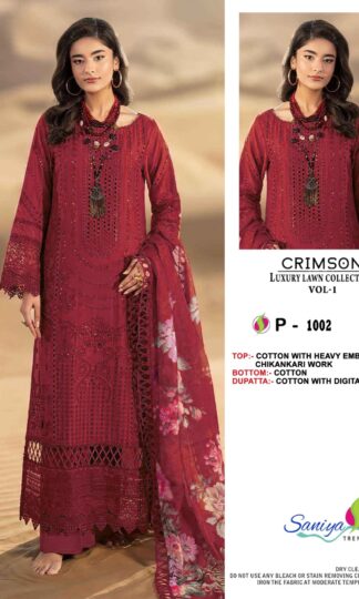 SANIYA TRENDZ P 1002 CRIMSON LUXURY LAWN COLLECTION VOL 1 PAKISTANI SUITSSANIYA TRENDZ P 1002 CRIMSON LUXURY LAWN COLLECTION VOL 1 PAKISTANI SUITS