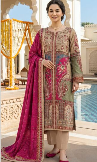 SHREE FABS KT 375 ONLINE PAKISTANI SUITS INDIASHREE FABS KT 375 Unstitched Pure Viscose Maslin Pakistani Suit with Digital Print and Hand Work