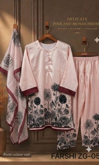 THE LIBAS COLLECTION ZG 05 LUXURY FARSHI PAKISTANI SUITSTHE LIBAS COLLECTION ZG Readymade Farshi Pakistani Suit in Imported Satin Blend Premium Quality