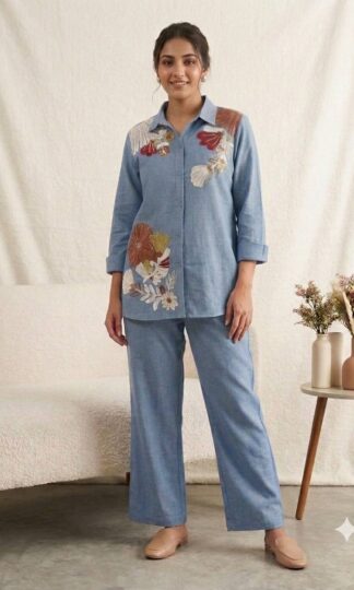 BE 483 EMBROIDERED CO-ORD SET IN COTTON DENIM ONLINE SUPPLIERBE 483 EMBROIDERED CO-ORD SET IN COTTON DENIM ONLINE SUPPLIER