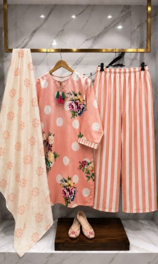 THE LIBAS COLLECTION M.UMAR TOP PLAZZO FARSHI DUPATTATHE LIBAS COLLECTION M. UMAR Readymade Pakistani Suit with Top Farshi Palazzo Dupatta in Imported Malai Satin Digital Print