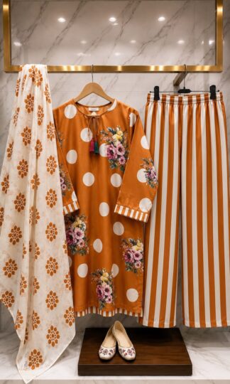 THE LIBAS COLLECTION M.UMAR DESIGNER PAKISTANI SUITSTHE LIBAS COLLECTION M. UMAR Readymade Pakistani Suit with Top Farshi Palazzo Dupatta in Imported Malai Satin Digital Print