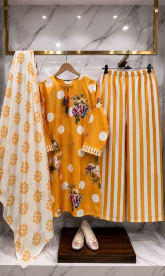 THE LIBAS COLLECTION PAKISTANI SUITS MANUFACTURER SURATTHE LIBAS COLLECTION M. UMAR Readymade Pakistani Suit with Top Farshi Palazzo Dupatta in Imported Malai Satin Digital Print