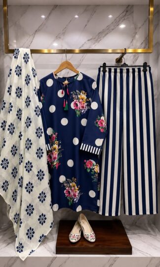 THE LIBAS COLLECTION IMPORTED MALAI SATIN PRINT PAKISTANI SUITSTHE LIBAS COLLECTION M. UMAR Readymade Pakistani Suit with Top Farshi Palazzo Dupatta in Imported Malai Satin Digital Print