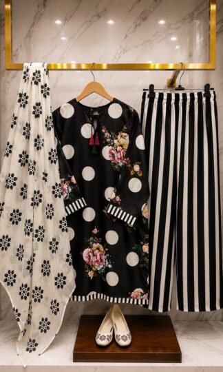 THE LIBAS COLLECTION LADIES DESIGNER PAKISTANI SUITSTHE LIBAS COLLECTION M. UMAR Readymade Pakistani Suit with Top Farshi Palazzo Dupatta in Imported Malai Satin Digital Print