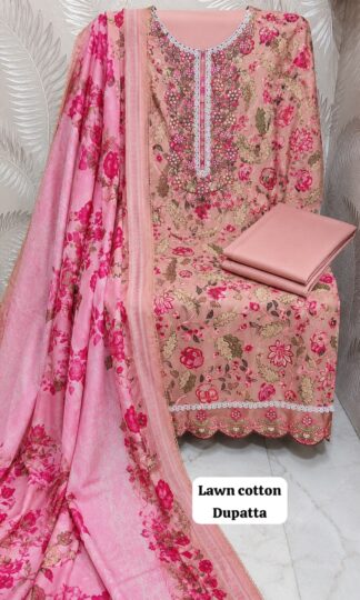 THE LIBAS COLLECTION COTTON PAKISTANI SUITS IN INDIATHE LIBAS COLLECTION Unstitched Soft Cotton Embroidered Pakistani Suit with Neck and Daman Shirt