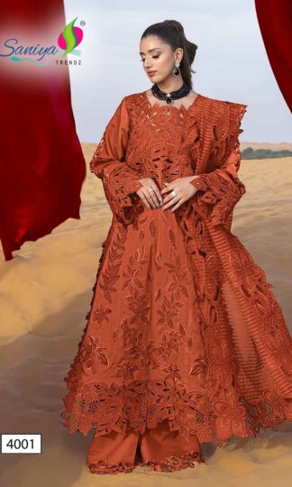 SANIYA TRENDZ 4001 RANG RASIYA VOL-4 PAKISTANI SUITS ONLINESANIYA TRENDZ RANG RASIYA VOL-4 Unstitched Cotton Pakistani Suit with Chikankari Embroidery