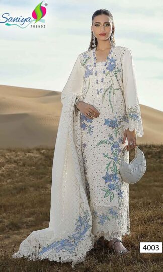 SANIYA TRENDZ 4003 RANG RASIYA VOL-4 PAKISTANI SUITS SUPPLIERSANIYA TRENDZ RANG RASIYA VOL-4 Unstitched Cotton Pakistani Suit with Chikankari Embroidery