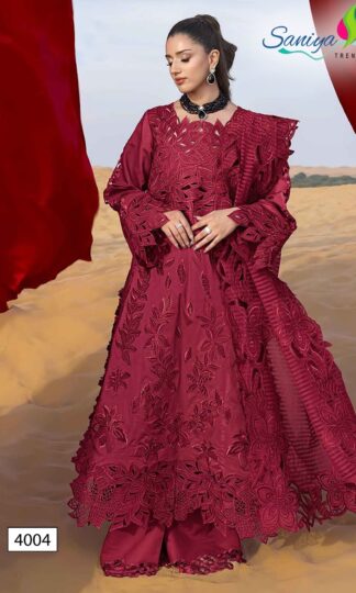 SANIYA TRENDZ 4004 RANG RASIYA VOL-4 UNSTITCHED PAKISTANI SUITSSANIYA TRENDZ RANG RASIYA VOL-4 Unstitched Cotton Pakistani Suit with Chikankari Embroidery