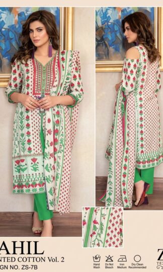 ZS TEXTILES SAHIL PRINTED COTTON VOL 2 ZS 7B PAKISTANI SUITSZS TEXTILES SAHIL PRINTED COTTON VOL 2 ZS 7B Unstitched Lawn Pakistani Suit