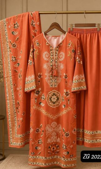 ZAHRA GLAMOUR ZG 2022 IMPORTED BSY BLEND CO-ORDS SETZAHRA GLAMOUR ZG Long Turkish Co Ord Set Wholesale in Imported BSY Blend with Printed Silk Dupatta L 40 XL 42 XXL 44 3XL 46