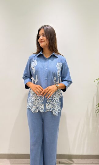 BE 496 DESIGNER EMBROIDERED CORD SET IN COTTON DENIM ONLINEBE 496 Designer Embroidered Cord Set in Cotton Denim Online
