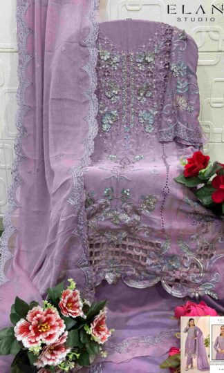 ELAN STUDIO E 04 B DESIGNER PAKISTANI CHIFFON SUIT IN SURATELAN STUDIO E 04 Pakistani Chiffon Suit Wholesale India Unstitched Heavy Embroidery Handwork Cutwork Applique with Inner