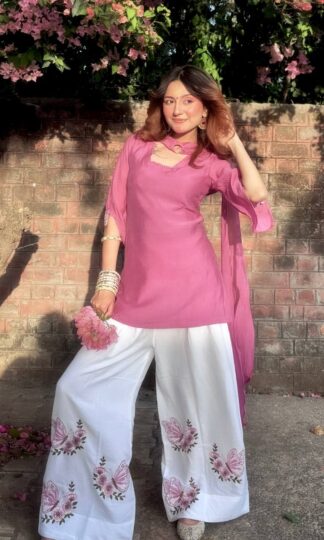 PD 1172 PINK DESIGNER TOP WITH WHITE PRINTED PALAZZO SET ONLINE WHOLESALE INDIAPD 1172 Pink Designer Top With White Printed Palazzo Set in Pure Roman Silk