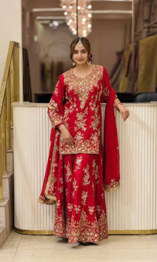 PD 1173 RED PAKISTANI PARTYWEAR SUITS ONLINE WHOLESALE INDIAPD 1173 Red Pakistani Partywear Suit in Heavy Faux Georgette