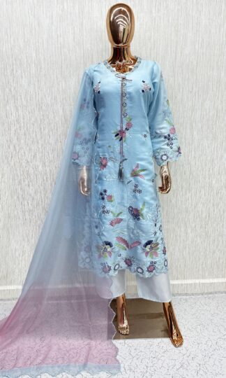 THE LIBAS COLLECTION GLASS SILK PAKISTANI SUITS ONLINE WHOLESALETHE LIBAS COLLECTION Glass Silk Party Wear Salwar Suit Wholesale with Front Back Sleeves Daman Embroidery and Cutwork M 38 L 40 XL 42 XXL 44
