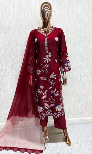 THE LIBAS COLLECTION GLASS SILK DESIGNER PAKISTANI SUITS WHOLESALETHE LIBAS COLLECTION Glass Silk Party Wear Salwar Suit Wholesale with Front Back Sleeves Daman Embroidery and Cutwork M 38 L 40 XL 42 XXL 44
